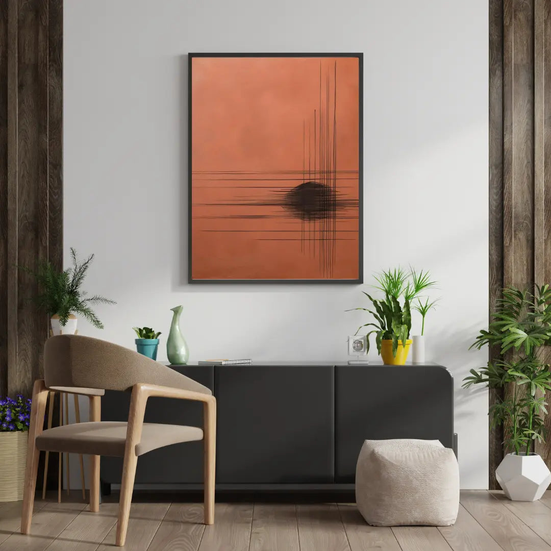 Modern interior with a black cabinet, wooden chair, and abstract art on a white wall.