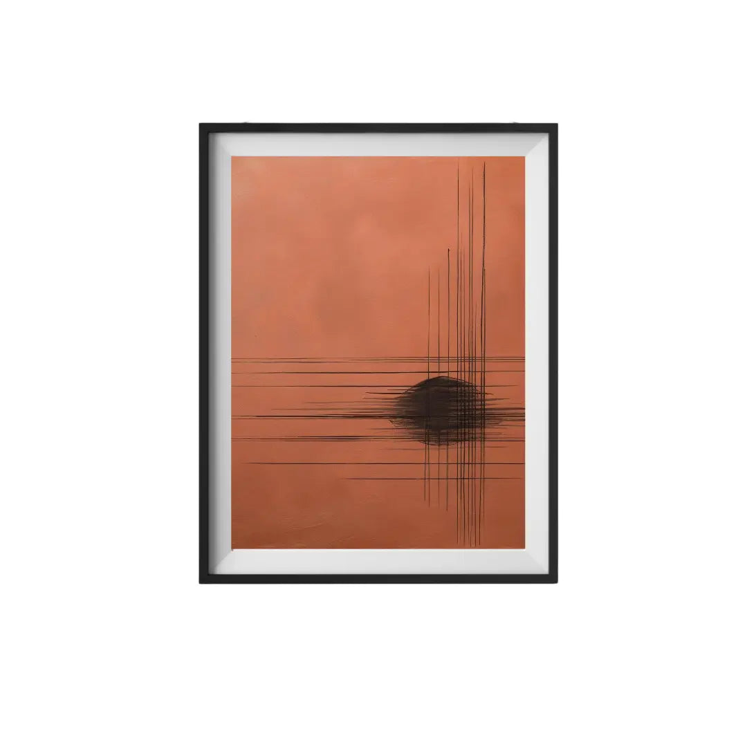 Framed abstract art with brown background and black lines on a white background