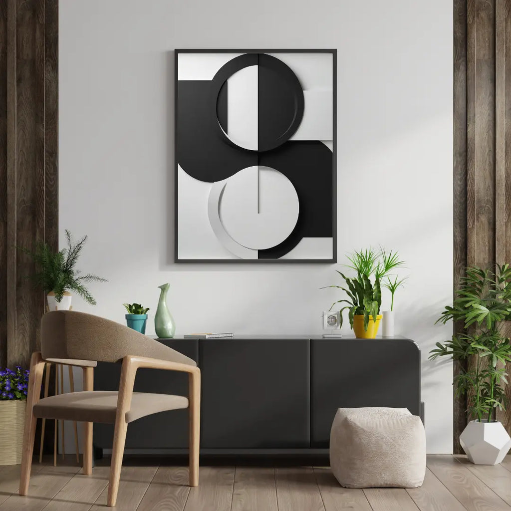 Modern interior with a black and white abstract wall art piece, wooden chair, and decorative plants.