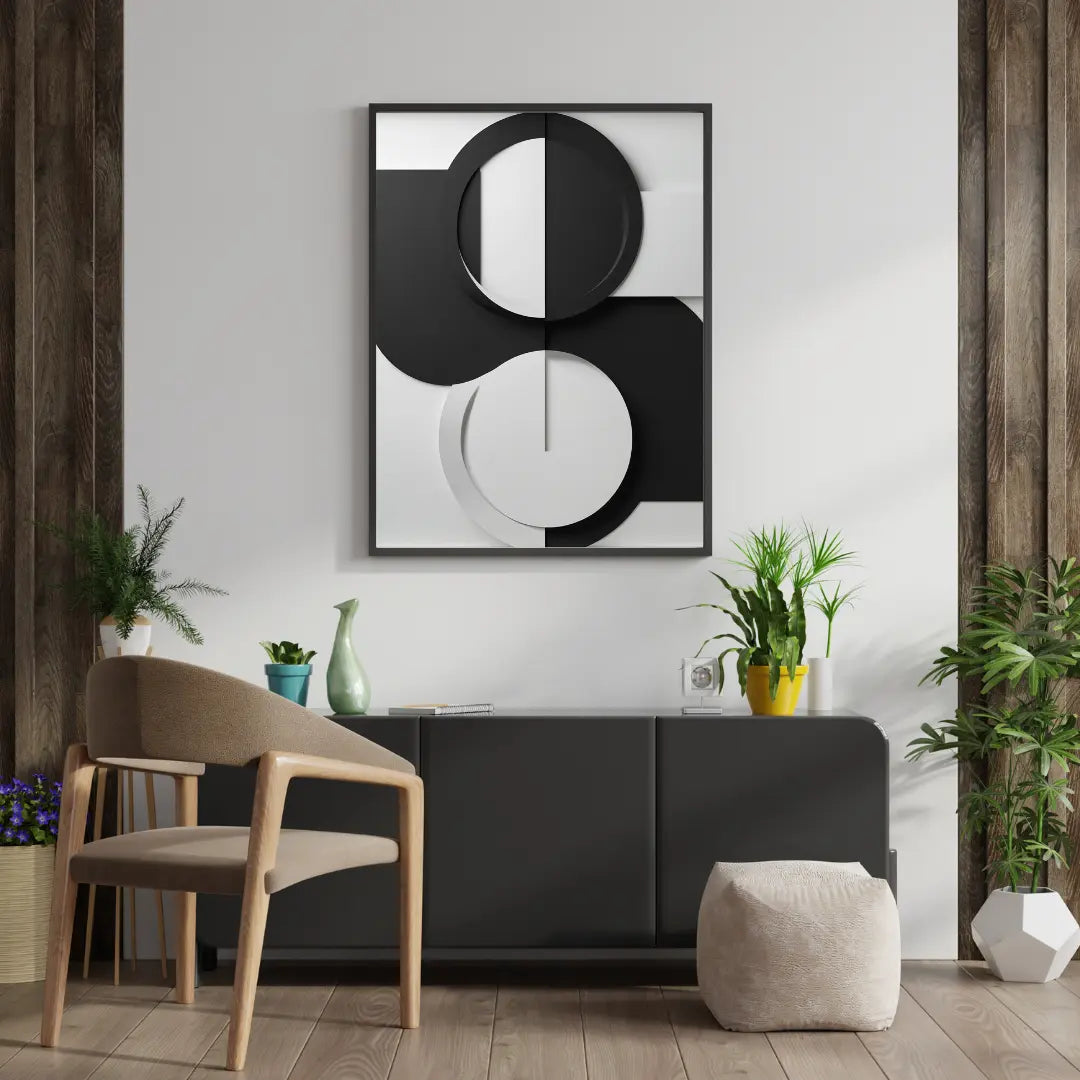 Modern interior with a black and white abstract wall art piece, wooden chair, and decorative plants.