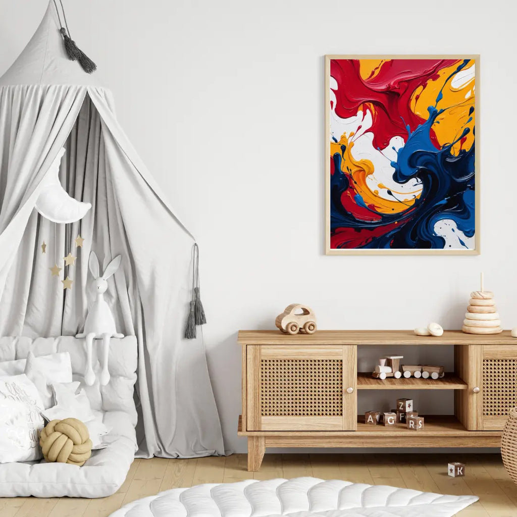 Colorful abstract painting on a wall in a child's room with toys and a teepee.