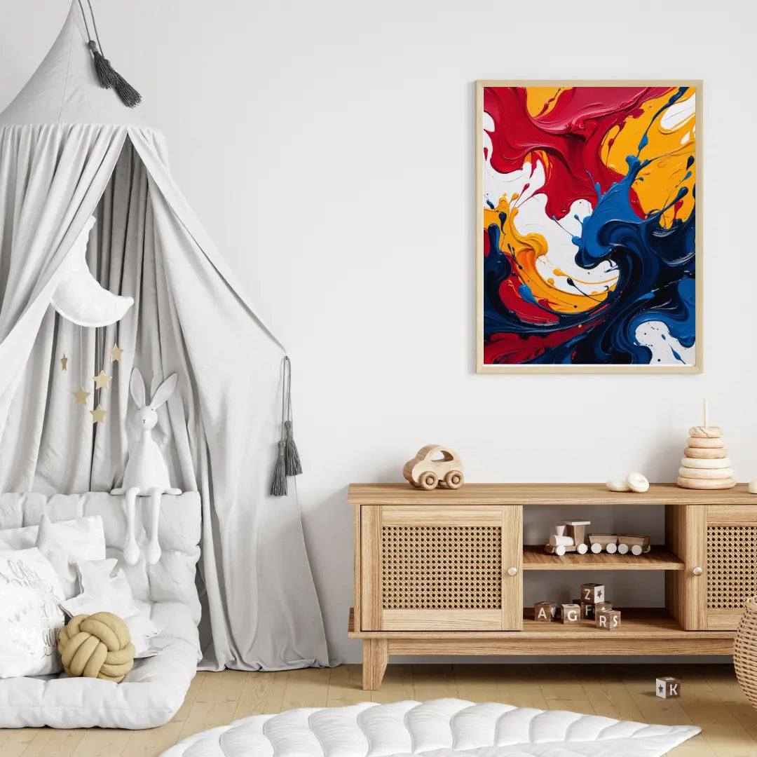 Colorful abstract painting on a wall in a child's room with toys and a teepee.