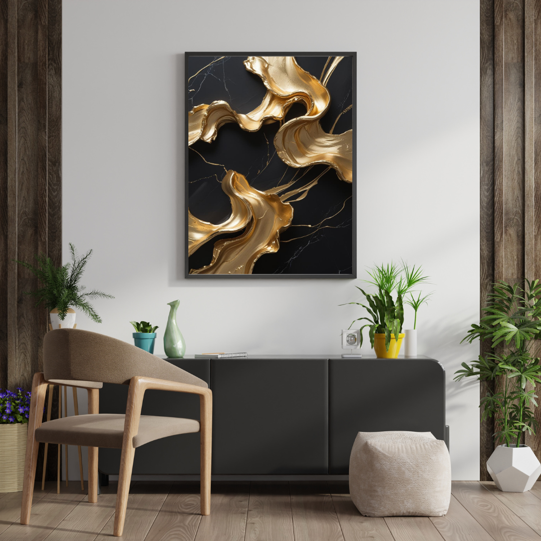 Modern interior with abstract gold and black painting on wall, chair, and plants.