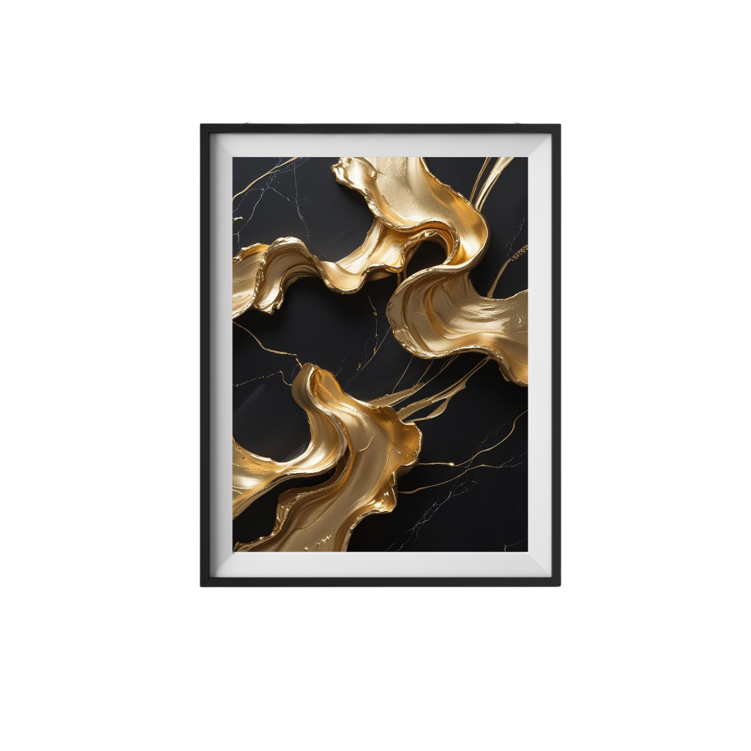 Framed abstract art with gold and black design on a white background