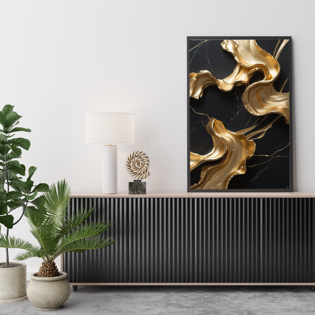 Modern interior with abstract gold artwork on a wall, plants, and a lamp.