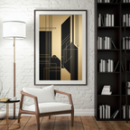 Modern interior with a geometric art piece, chair, lamp, and bookshelf.