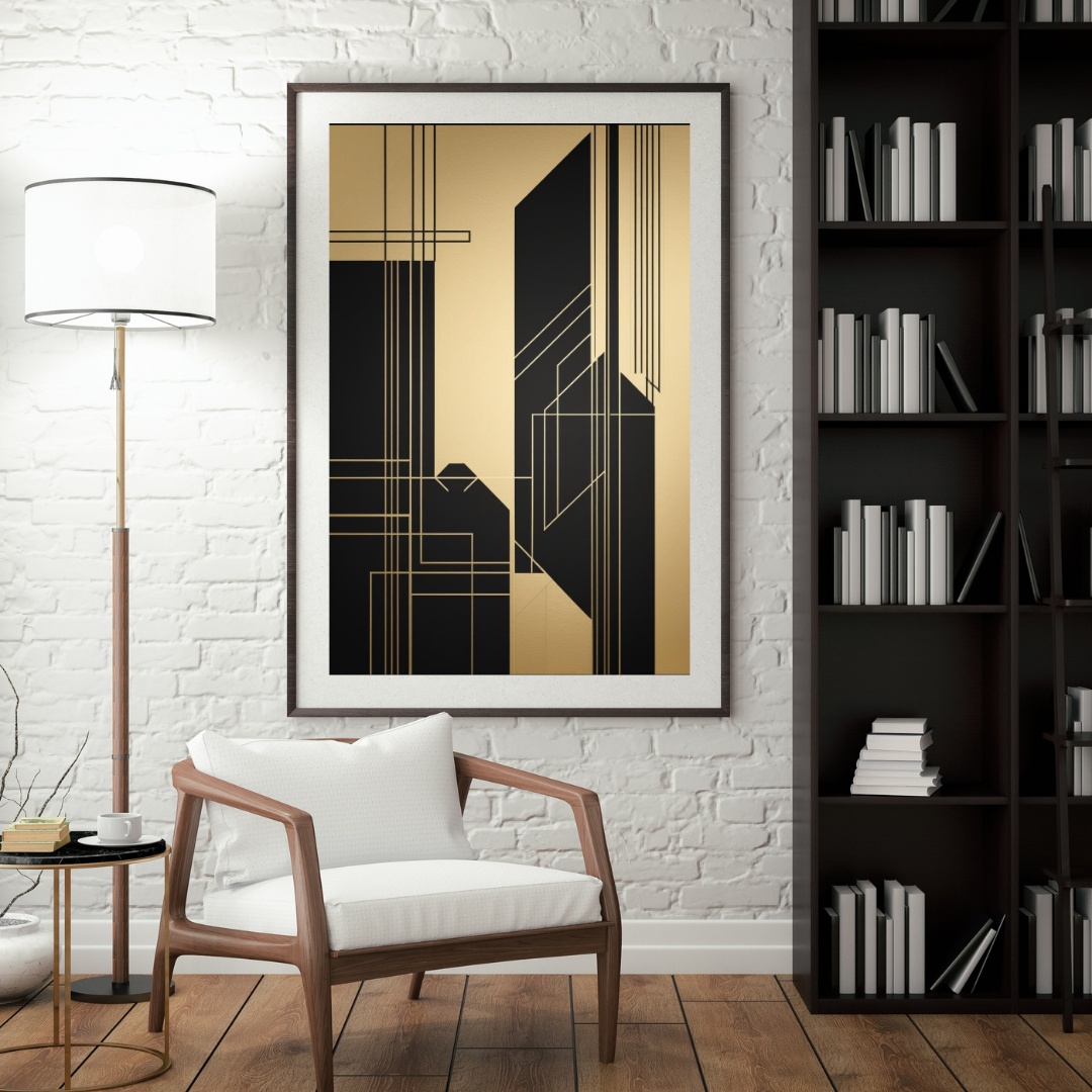 Modern interior with a geometric art piece, chair, lamp, and bookshelf.