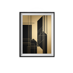Framed abstract art print with geometric design in black and gold on a white background