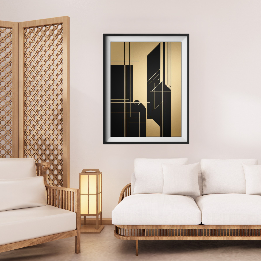 Modern living room with a geometric art piece on the wall, wooden armchair, and white sofa.