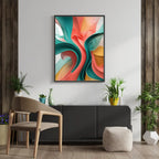 Modern interior with a colorful abstract painting on the wall, a chair, and decorative plants.