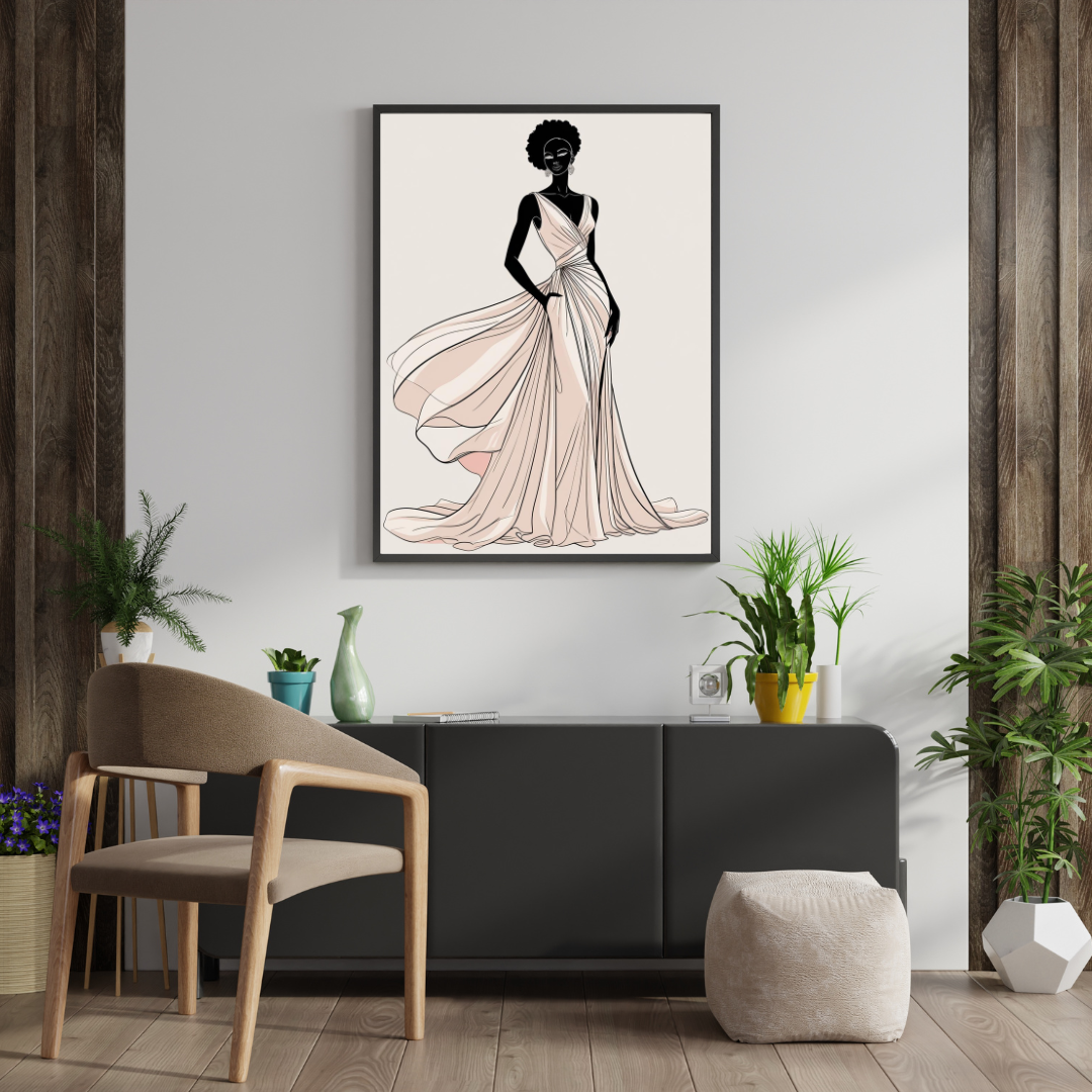 Framed artwork of a woman in a dress on a wall above a modern living room setup.