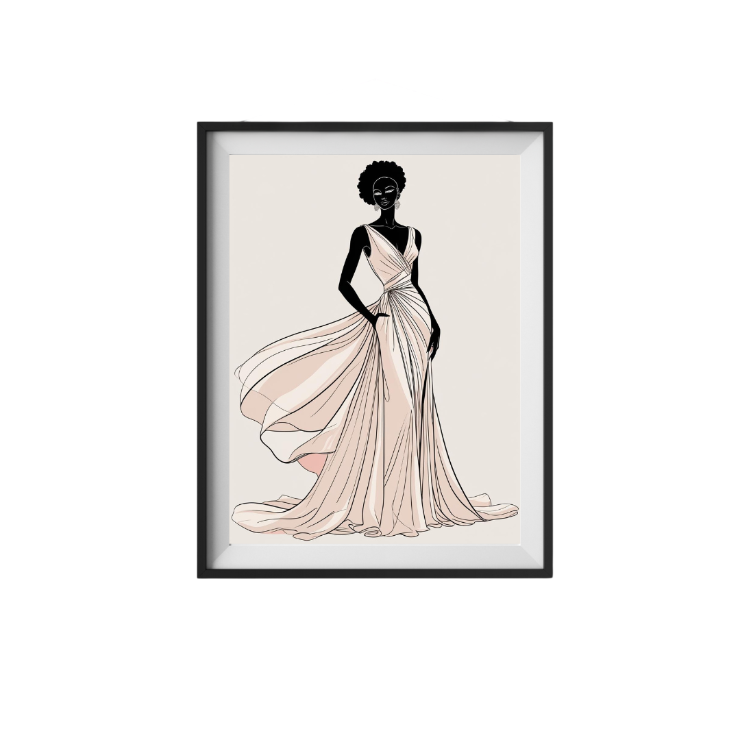 Framed artwork of a woman in a flowing dress on a white background