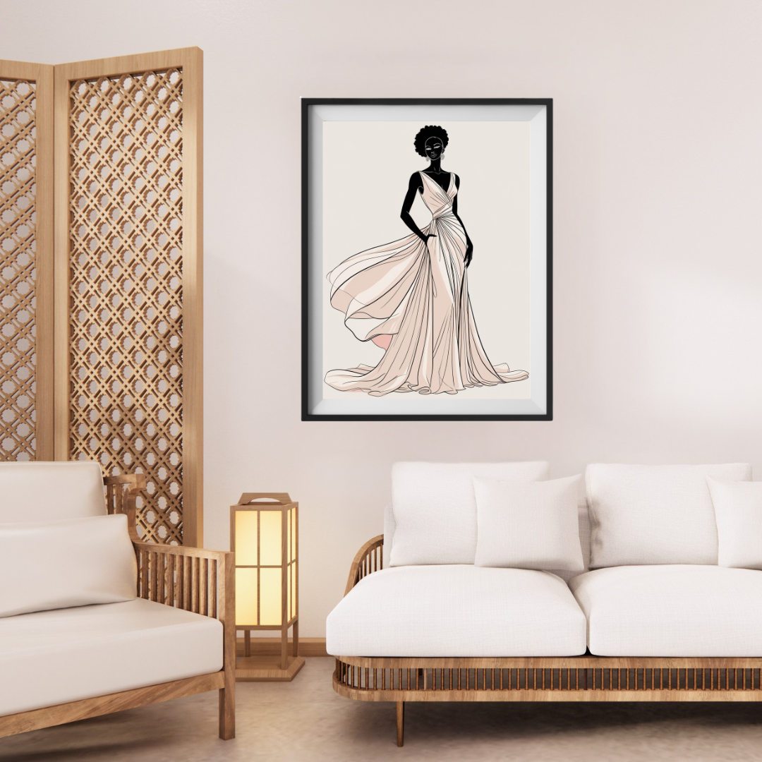 Framed artwork of a woman in a dress on a wall above a white sofa in a living room.