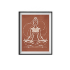 Framed artwork of a woman in a meditative pose on a brown background