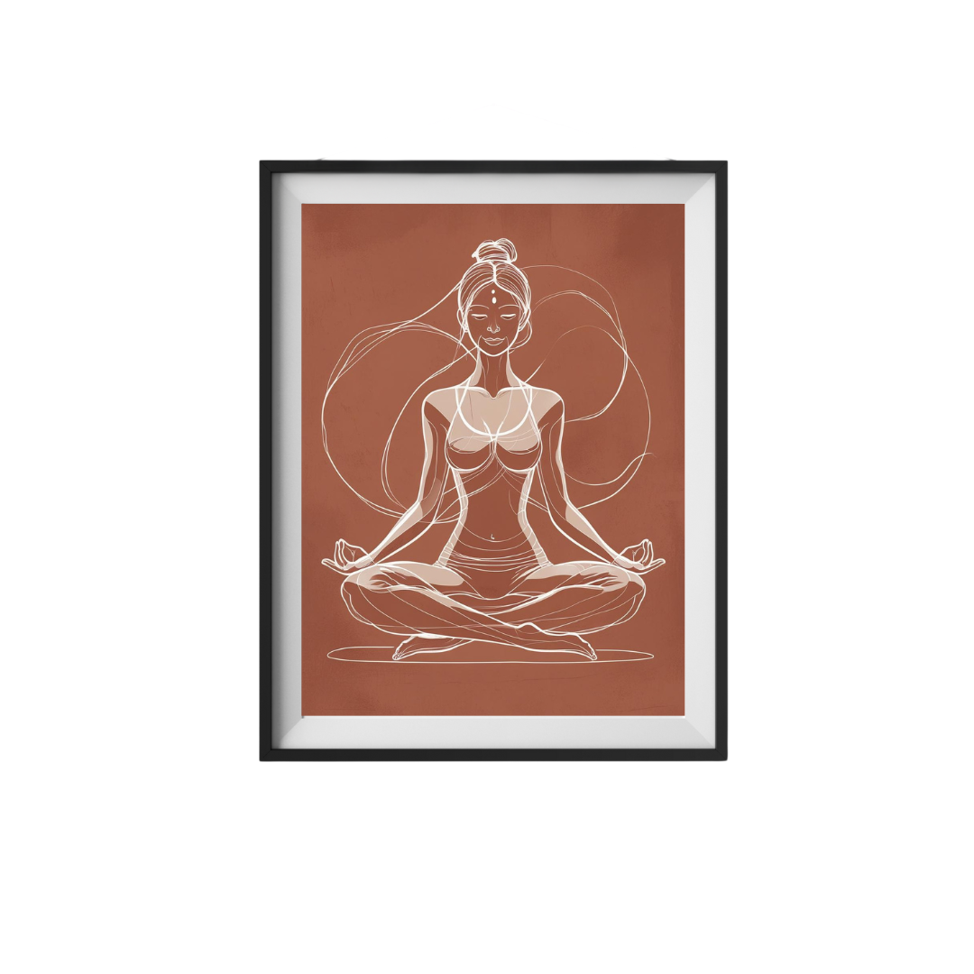 Framed artwork of a woman in a meditative pose on a brown background