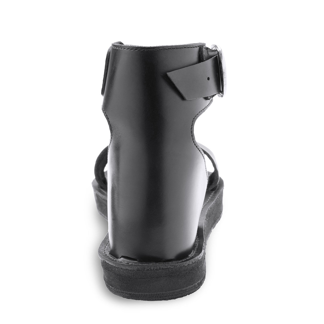 Black sandal with a strap on a white background