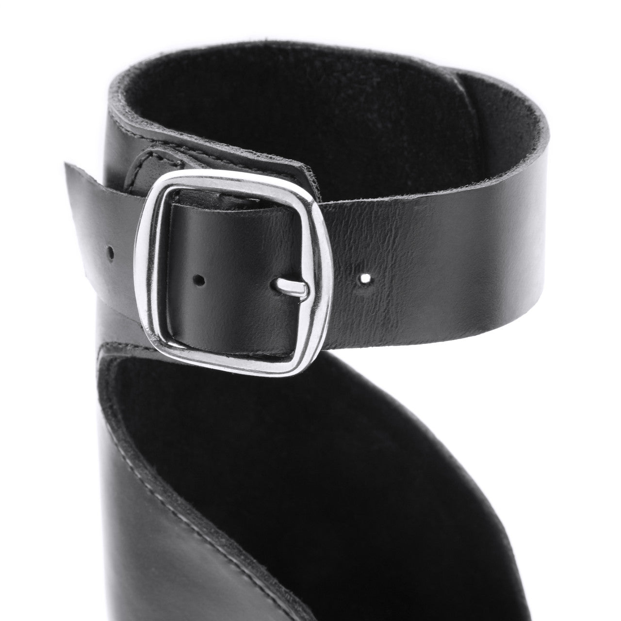 Black leather belt with a silver buckle on a white background