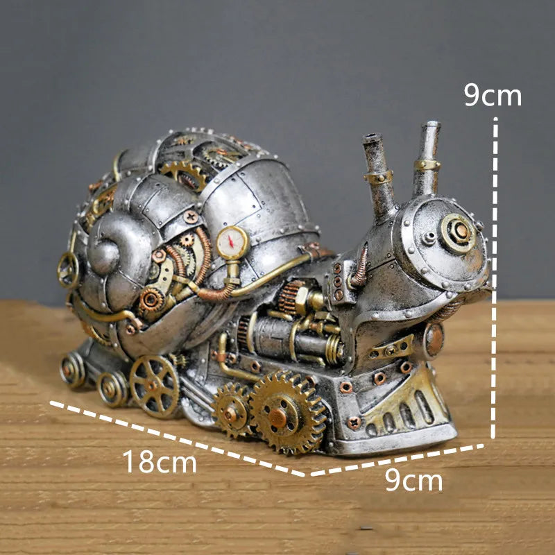 Steampunk-style mechanical sculpture with dimensions indicated on a wooden surface.