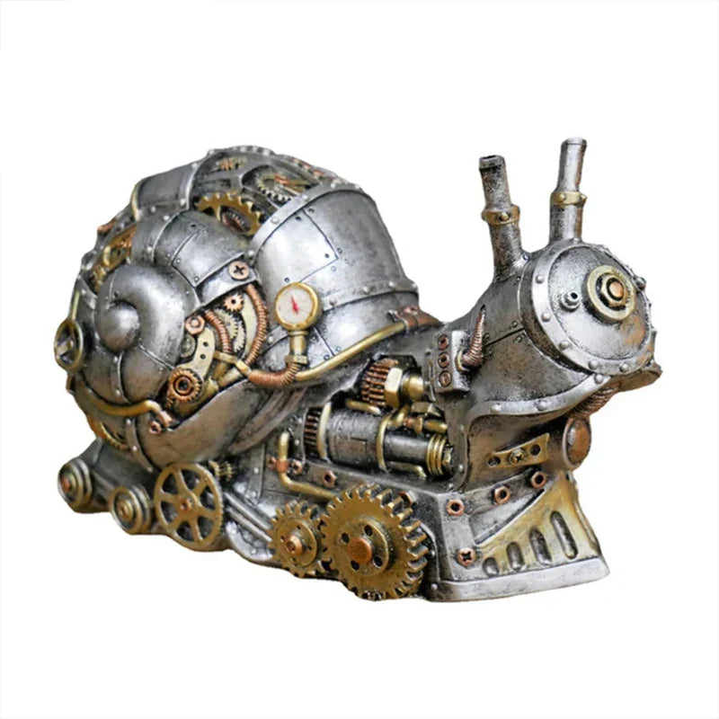 Steampunk-style mechanical sculpture with gears and intricate details on a white background