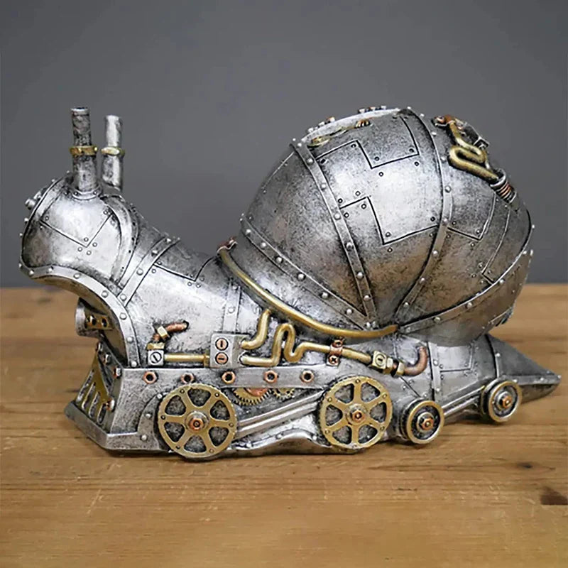 Steampunk-style cement mixer sculpture on a wooden surface with a gray background
