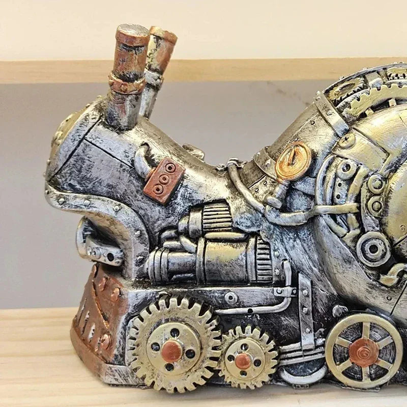 Steampunk-style mechanical sculpture with gears and pipes on a wooden surface.