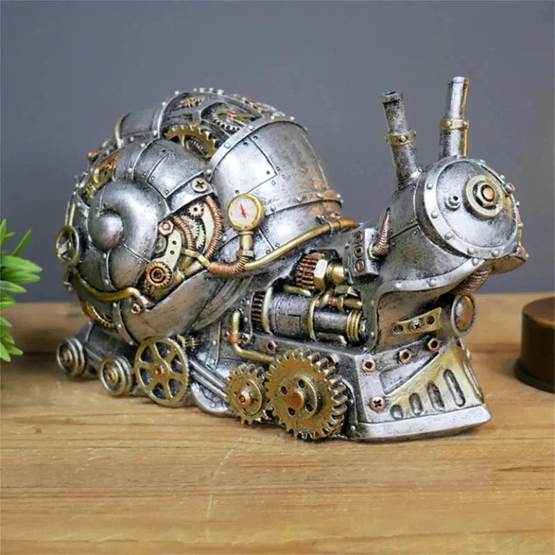 Steampunk-style mechanical sculpture on a wooden surface with a gray background