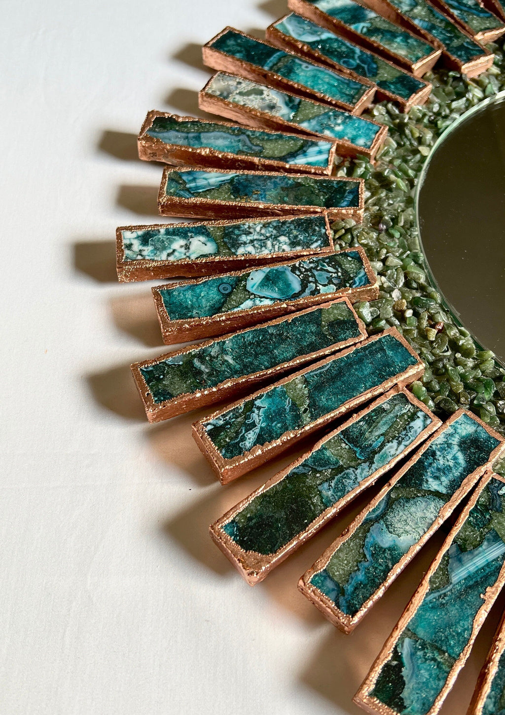 Starburst - Handmade 20" Round Rose Gold Plated Agate Mirror with Blue Green Agate Crystal Gemstones-3