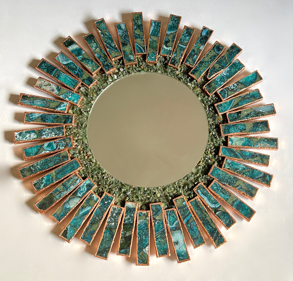 Starburst - Handmade 20" Round Rose Gold Plated Agate Mirror with Blue Green Agate Crystal Gemstones-0